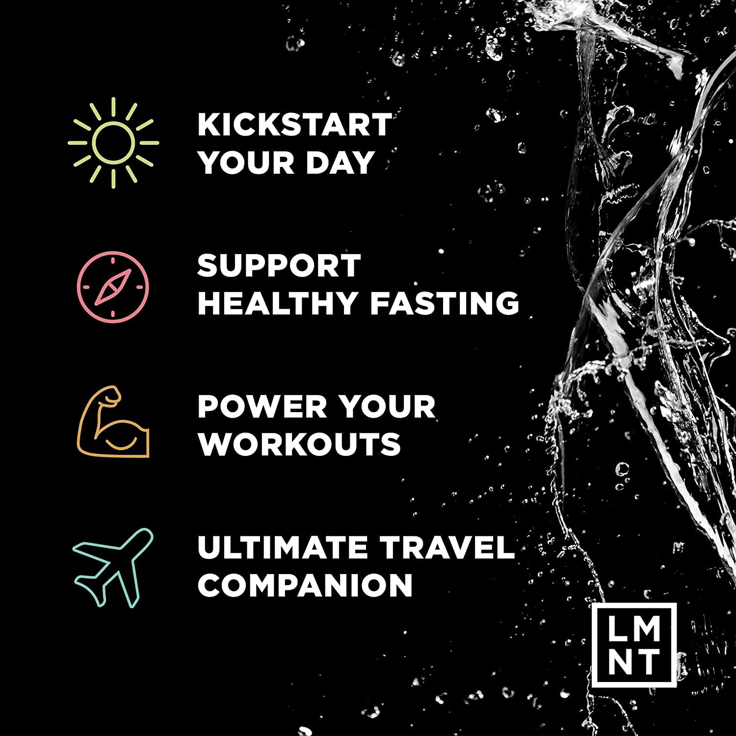 LMNT electrolyte powder UAE product benefits graphic with water splash icons and text about energy fasting workouts travel