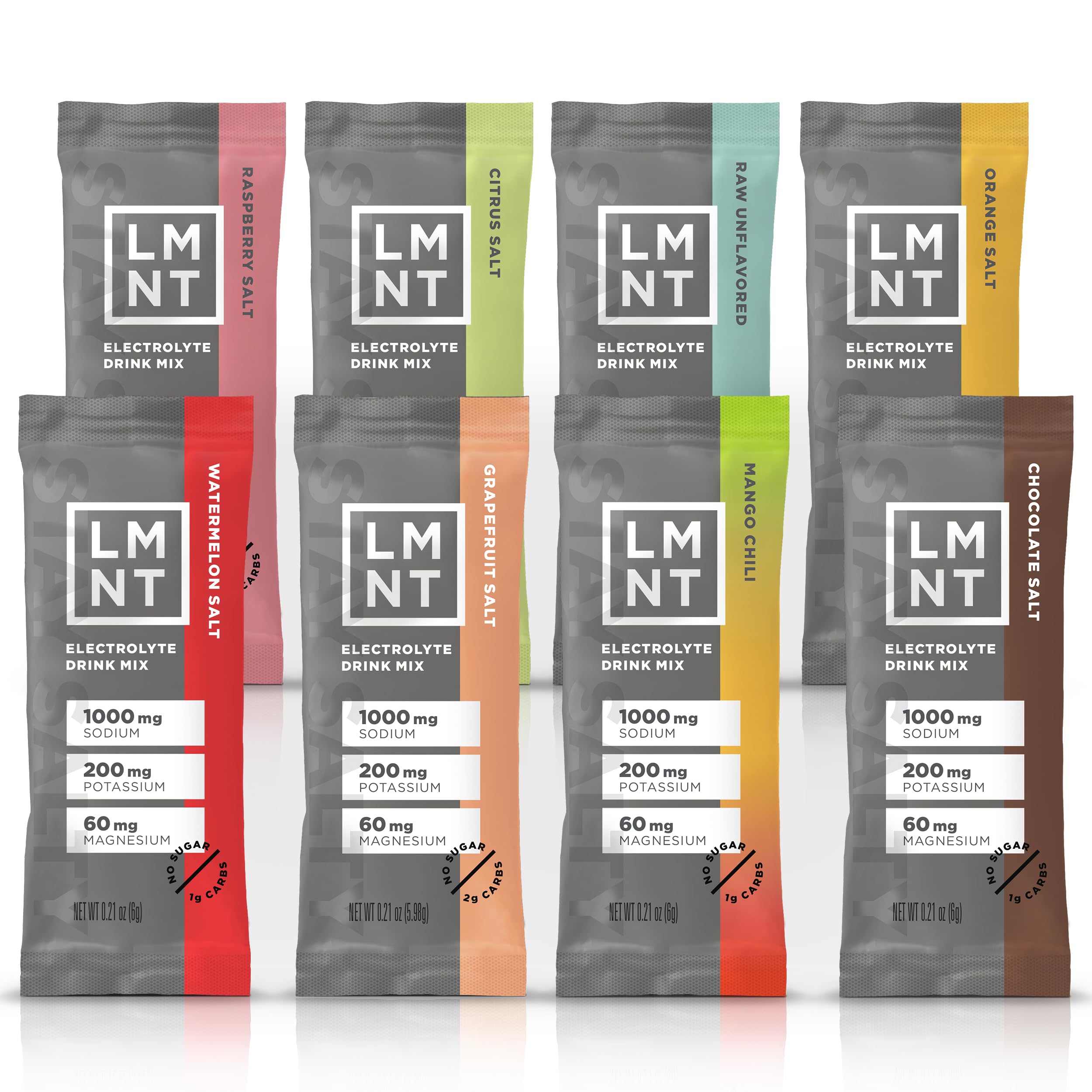 Assorted LMNT electrolyte powder UAE single serve packets in multiple flavors including Raspberry Watermelon Citrus Chocolate