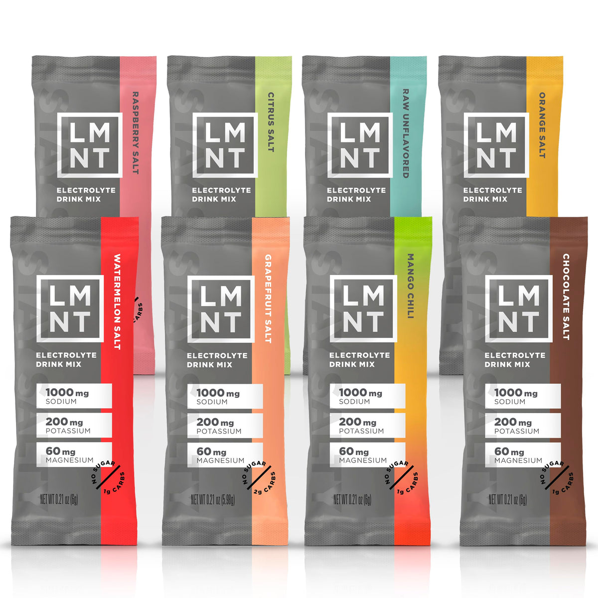 Assorted LMNT electrolyte powder UAE single serve packets in multiple flavors including Raspberry Watermelon Citrus Chocolate