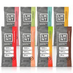 Assorted LMNT electrolyte powder UAE single serve packets in multiple flavors including Raspberry Watermelon Citrus Chocolate