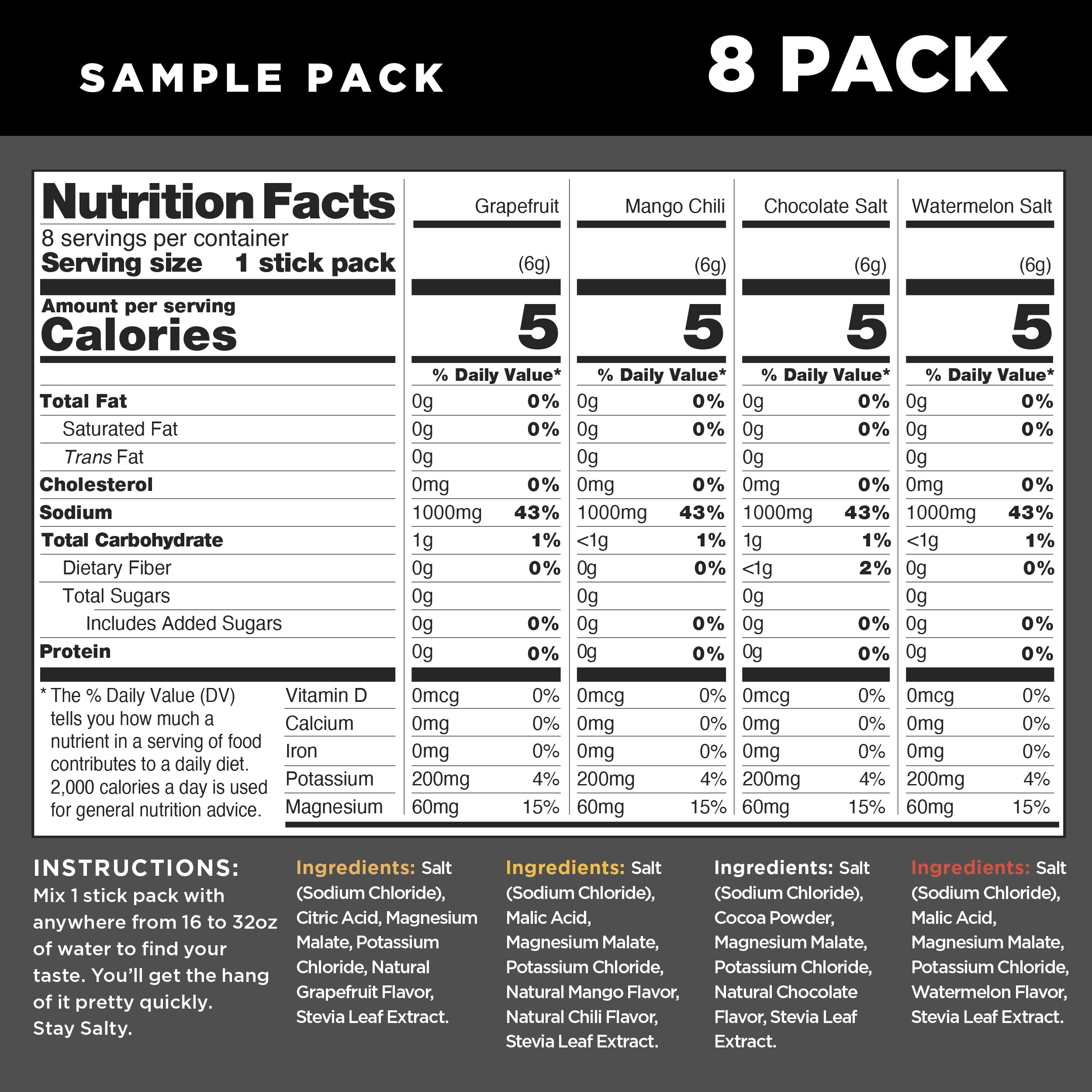LMNT electrolyte powder UAE sample pack 8 pack nutrition facts label showing 5 calories per stick with four flavors