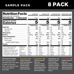 LMNT electrolyte powder UAE sample pack 8 pack nutrition facts label showing 5 calories per stick with four flavors