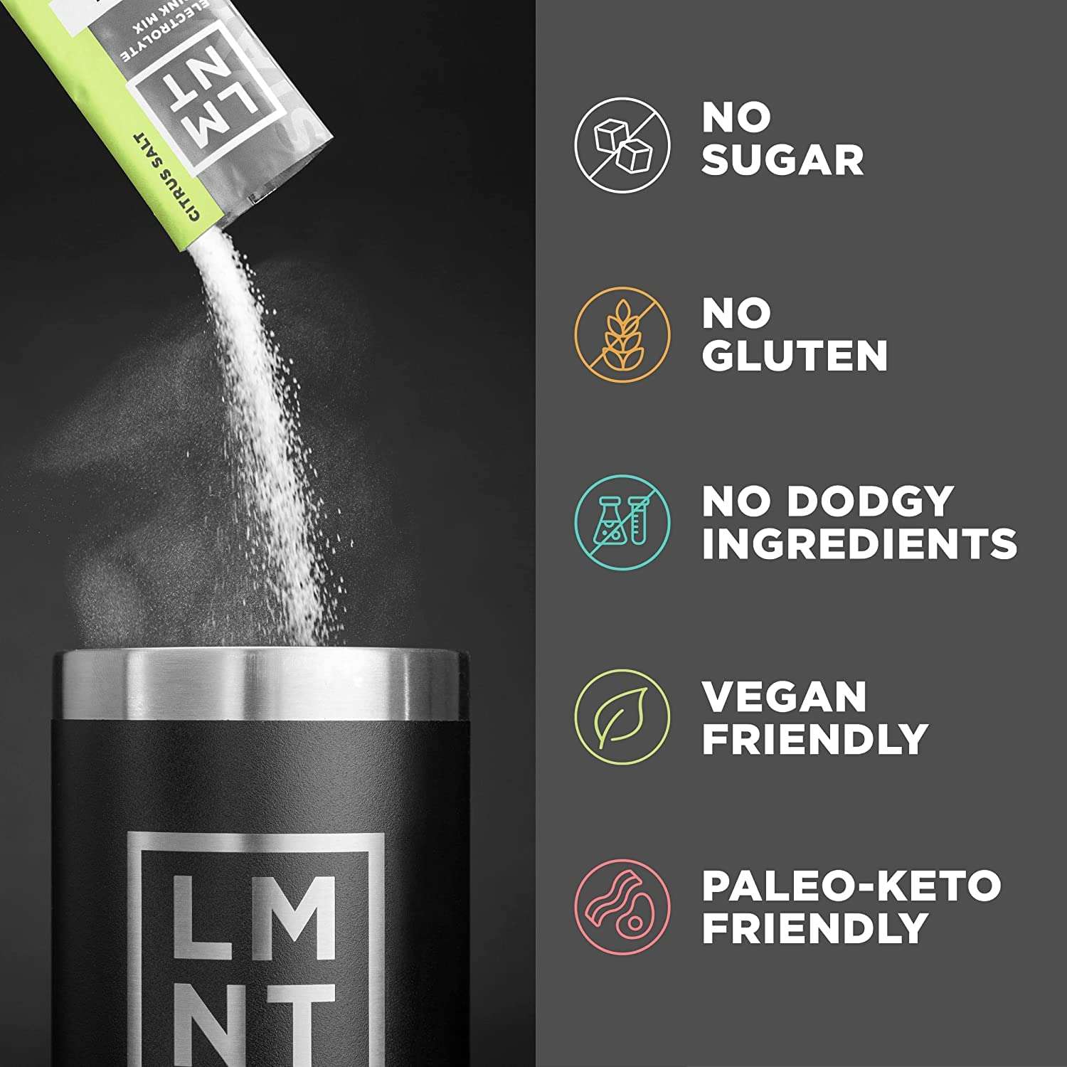 LMNT electrolyte powder UAE packet pouring into black LMNT shaker beside icons reading no sugar no gluten vegan paleo keto