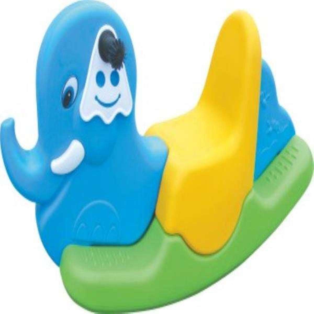 Elephant rocking chair for kids in blue and yellow for playful indoor or outdoor fun