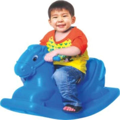 Blue plastic elephant rocking chair for kids with a smiling child sitting on it
