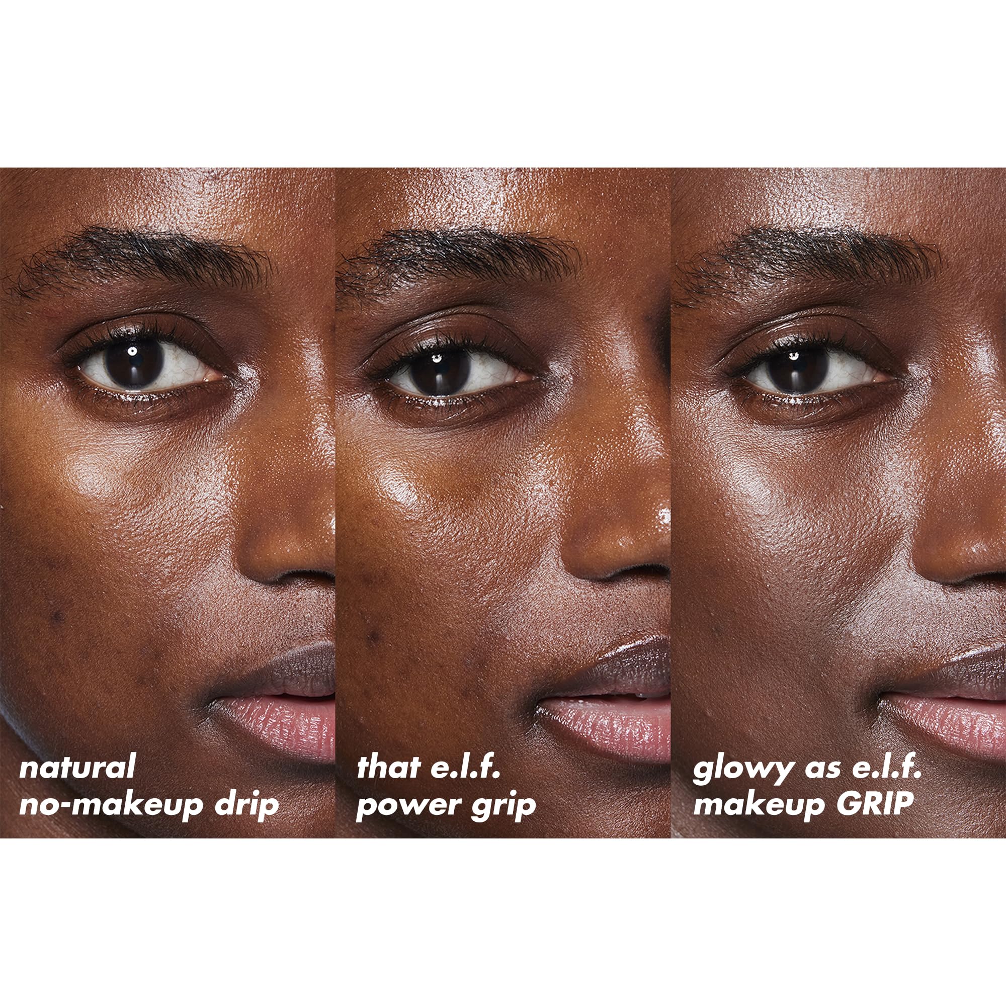 Close-up of face showing effects of hydrating niacinamide face primer by e.l.f. with natural, power grip, and makeup grip finishes