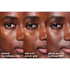 Close-up of face showing effects of hydrating niacinamide face primer by e.l.f. with natural, power grip, and makeup grip finishes