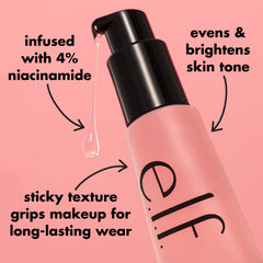 e.l.f. hydrating niacinamide face primer bottle with pump dispensing clear liquid on pink background