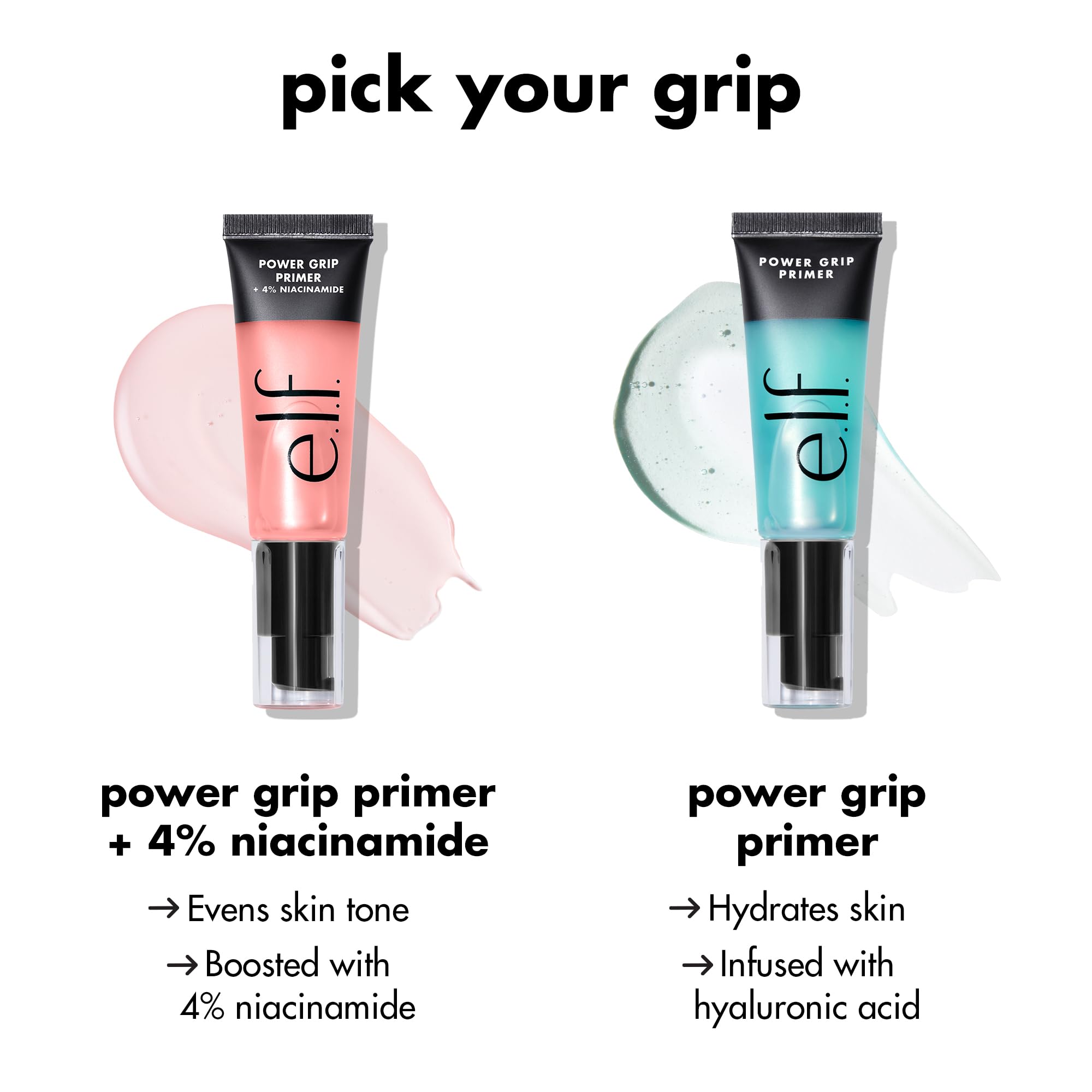 e.l.f. hydrating niacinamide face primer and power grip primer tubes with swatches for even skin tone and hydration