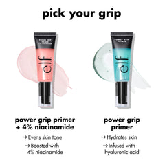 e.l.f. hydrating niacinamide face primer and power grip primer tubes with swatches for even skin tone and hydration
