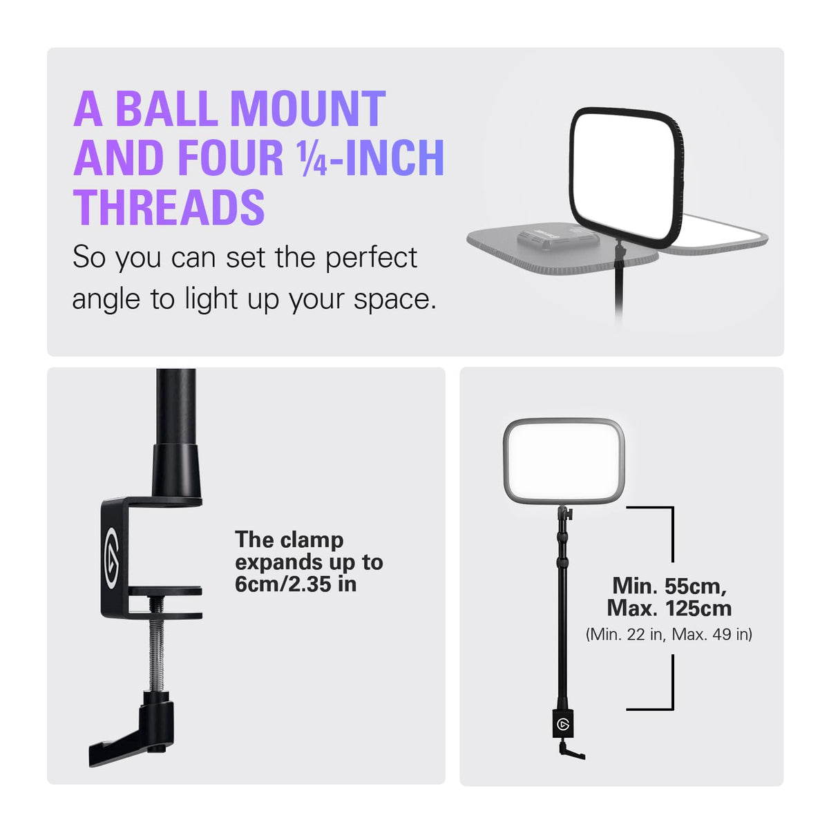 Elgato Key Light for streaming showing ball mount and adjustable clamp with extension up to 125cm