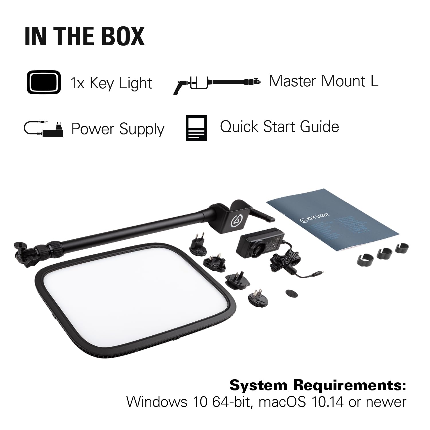 Elgato Key Light for streaming with key light panel, master mount, power supply, and quick start guide