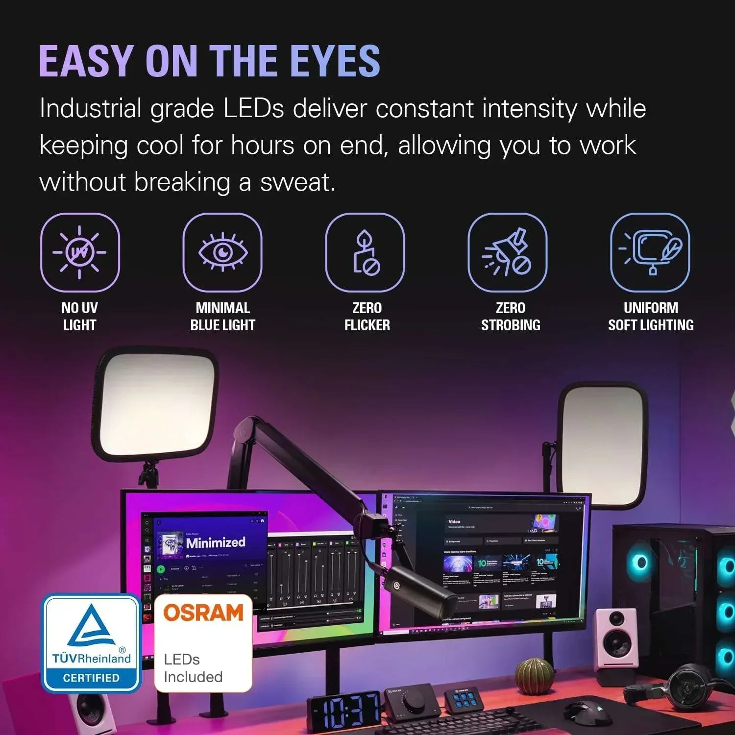 LED key light panels on adjustable stands for desk and streaming setups