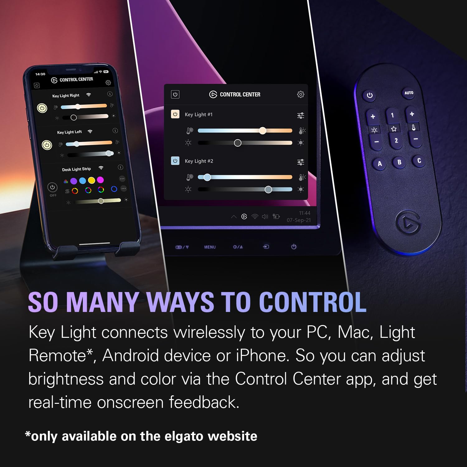 Elgato Key Light for streaming controlled wirelessly via app on smartphone and tablet with brightness and color settings