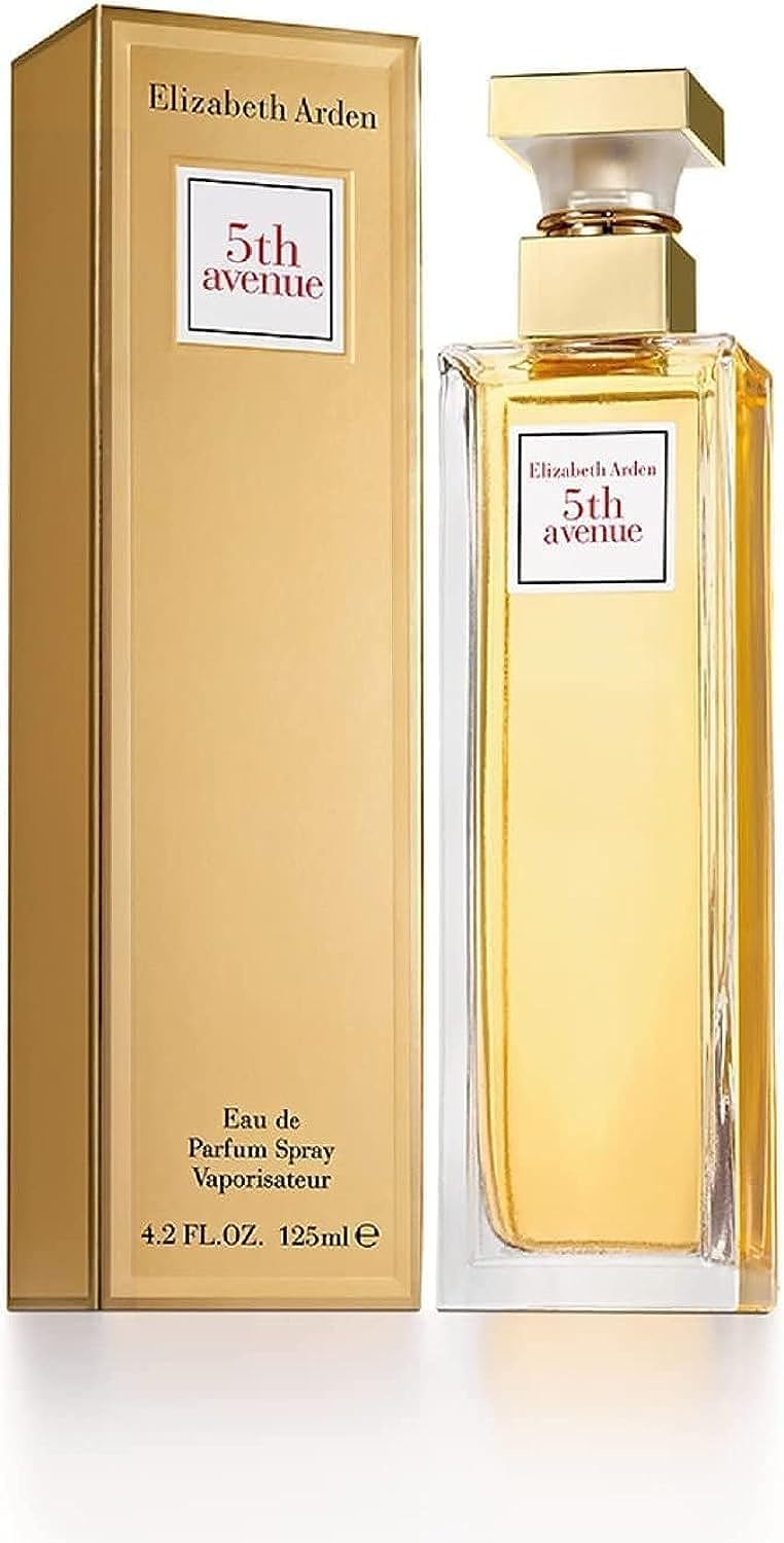 Elizabeth Arden 5th Avenue perfume bottle and gold packaging box with 4.2 fl oz 125 ml Eau de Parfum spray