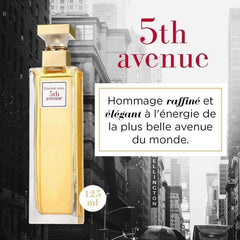Elizabeth Arden 5th Avenue perfume 125ml bottle with elegant city background and bold red text