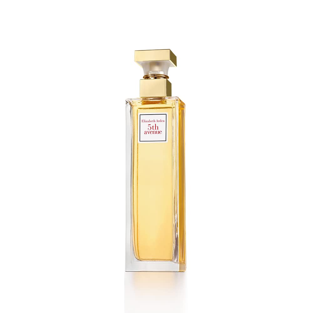 Elizabeth Arden 5th Avenue perfume bottle with golden cap and amber fragrance liquid