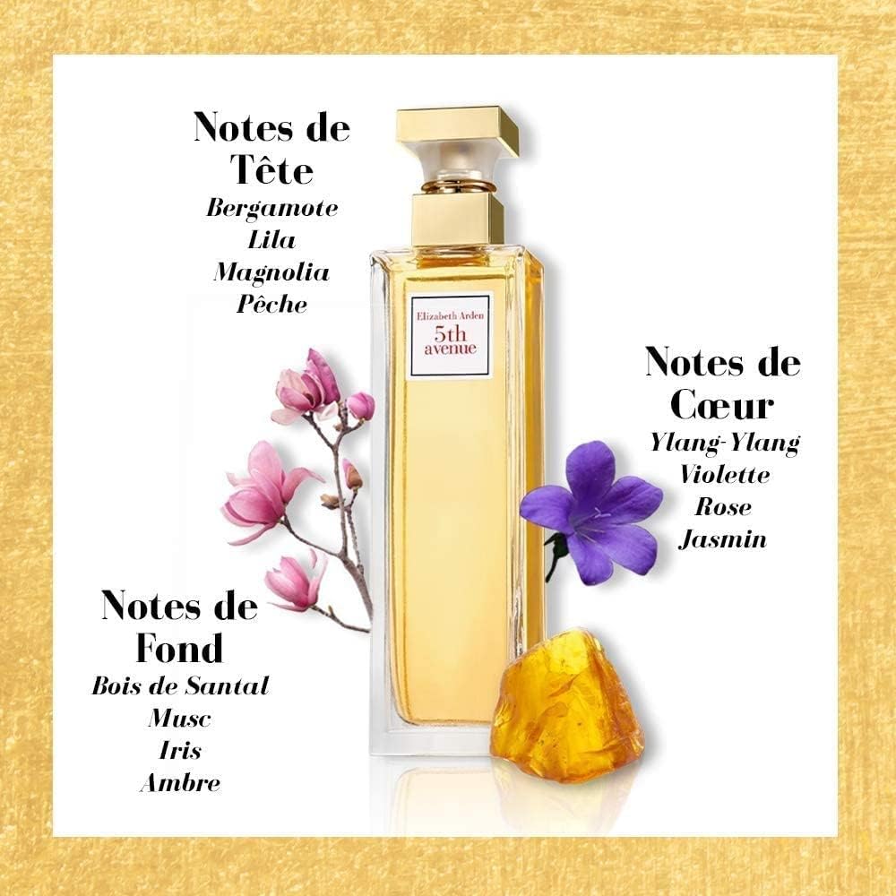Elizabeth Arden 5th Avenue perfume bottle with floral and amber scent notes displayed around it