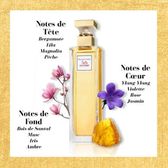 Elizabeth Arden 5th Avenue perfume bottle with floral and amber scent notes displayed around it
