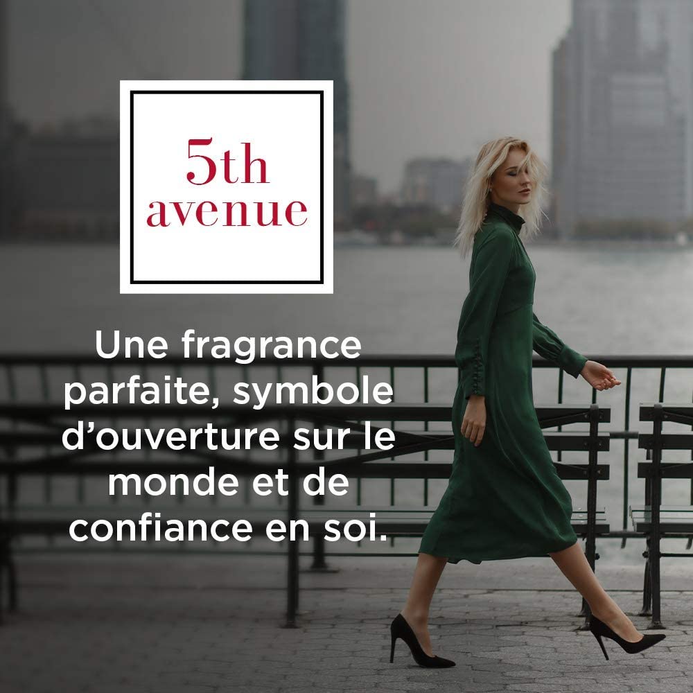 Elizabeth Arden 5th Avenue perfume advertisement with a woman walking by the waterfront in a green dress
