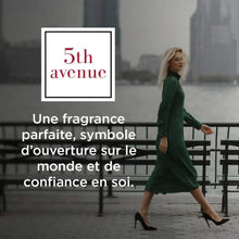 5th Avenue perfume promotional graphic with logo and walking woman