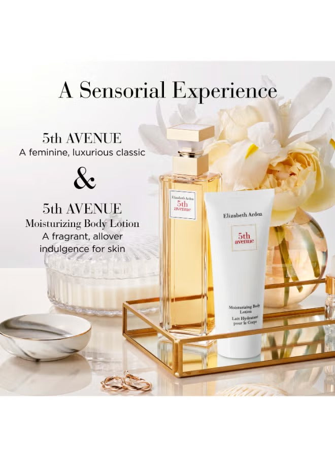 Elizabeth Arden 5th Avenue perfume UAE alongside moisturizing body lotion on a stylish vanity