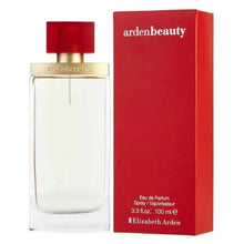 Perfume bottle with red cap and clear glass; paired with red ardenbeauty box