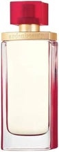 Red-capped glass perfume bottle with gold collar; clear liquid