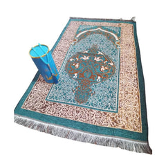Huitich embroidered prayer mat set with intricate blue and beige designs and a matching blue cylindrical case