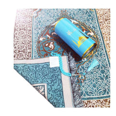 Huitich embroidered prayer mat set with intricate blue and brown patterns and a decorative blue prayer bead set