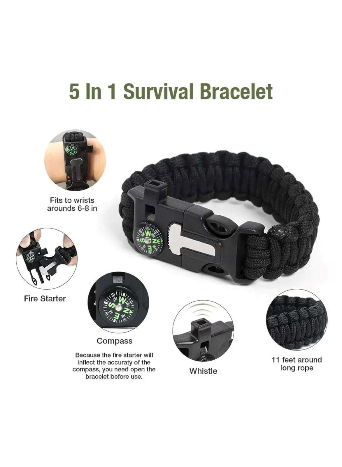 Huitich 5 in 1 survival bracelet with compass fire starter whistle and rope emergency survival gear for camping