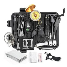 Camping survival kit case with compass, scissors, fire starter, and tools