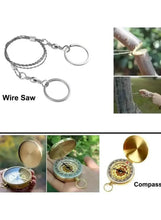 Wire saw keychain with compass and small survival tools, gold compass face
