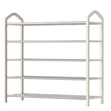 White 5-tier shoe rack organizer with open side shelves and metal rails