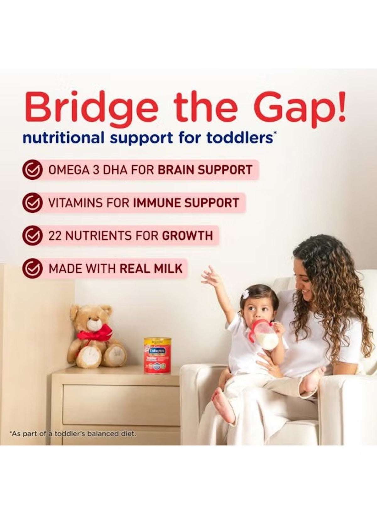 Enfagrow toddler nutritional drink featuring real milk, vitamins, and nutrients for toddler growth and immune support