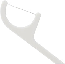 White floss toothpick with looped thread, curved handle and fork tip