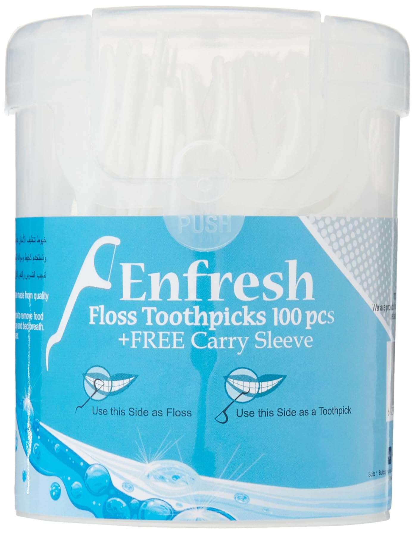 Enfresh floss toothpicks 100 pack white dispenser with blue label showing dual use floss and toothpick