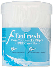Enfresh floss toothpicks 100 pack white dispenser with blue label showing dual use floss and toothpick