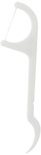 White floss toothpick with looped thread, upright fork end view