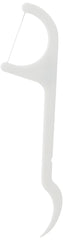 Single white plastic dental floss pick with handle and pick end from Enfresh floss toothpicks 100 pack