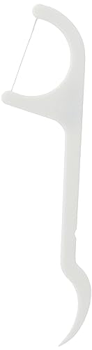 Single white plastic dental floss pick with curved handle and floss strand from Enfresh floss toothpicks 100 pack