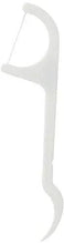 White floss toothpick with looped thread, side angle with curved handle