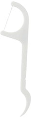 Single white plastic dental floss pick with curved handle and floss strand from Enfresh floss toothpicks 100 pack