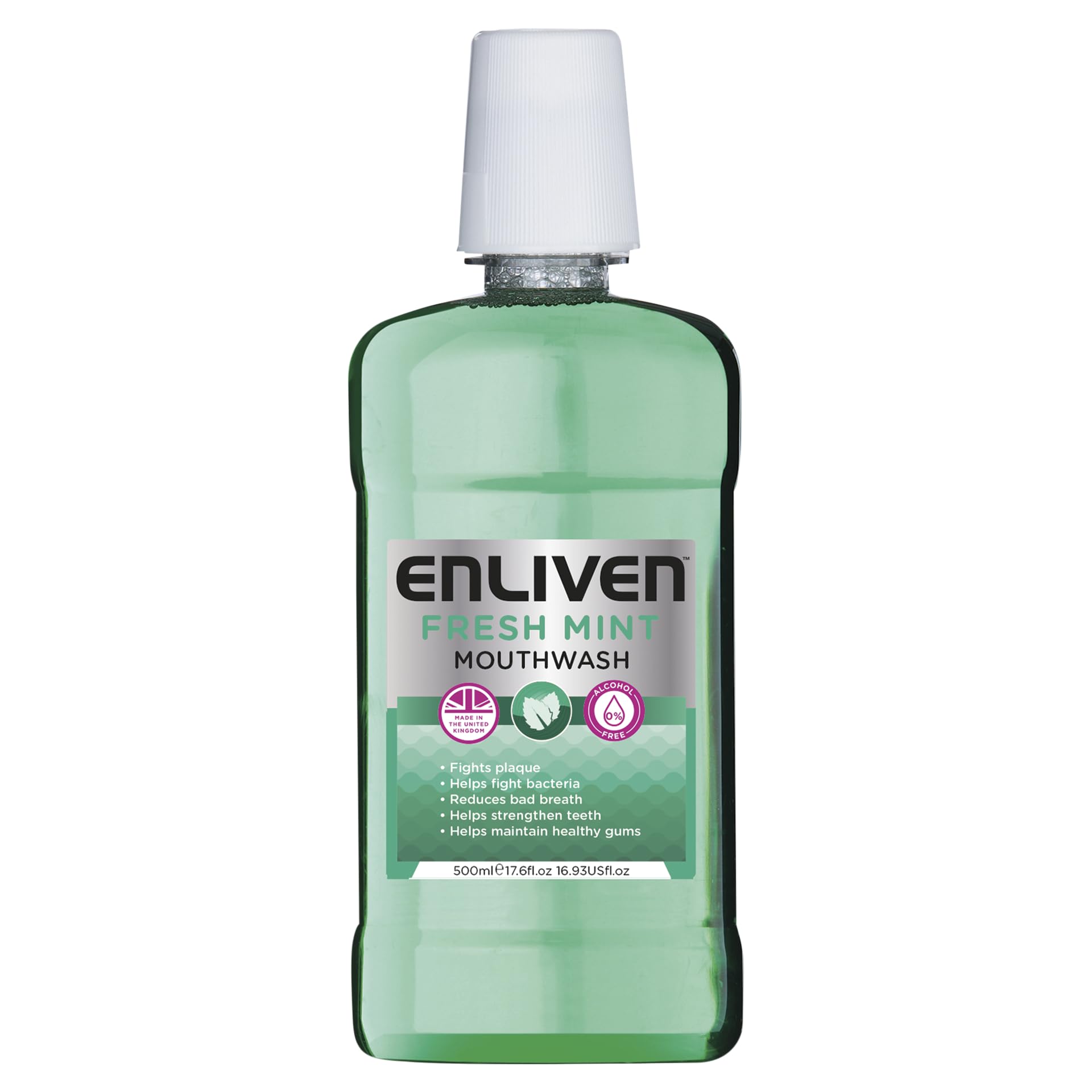 Enliven Fresh Mint Mouthwash 500ml green bottle with white cap and label showing benefits