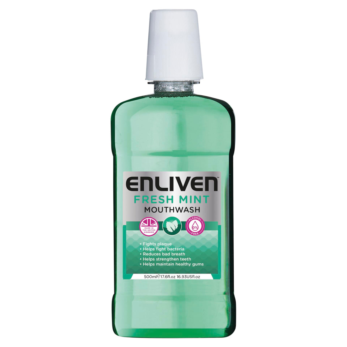 Enliven Fresh Mint Mouthwash 500ml green bottle with white cap and label showing benefits