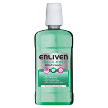 Enliven Fresh Mint mouthwash bottle, green mint liquid with white cap