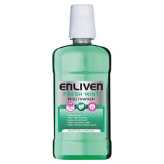 Enliven Fresh Mint Mouthwash 500ml green bottle with white cap and label showing benefits
