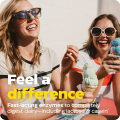 Two women smiling and eating ice cream outdoors Enzymedica ad promoting dairy intolerance digestive enzymes for relief