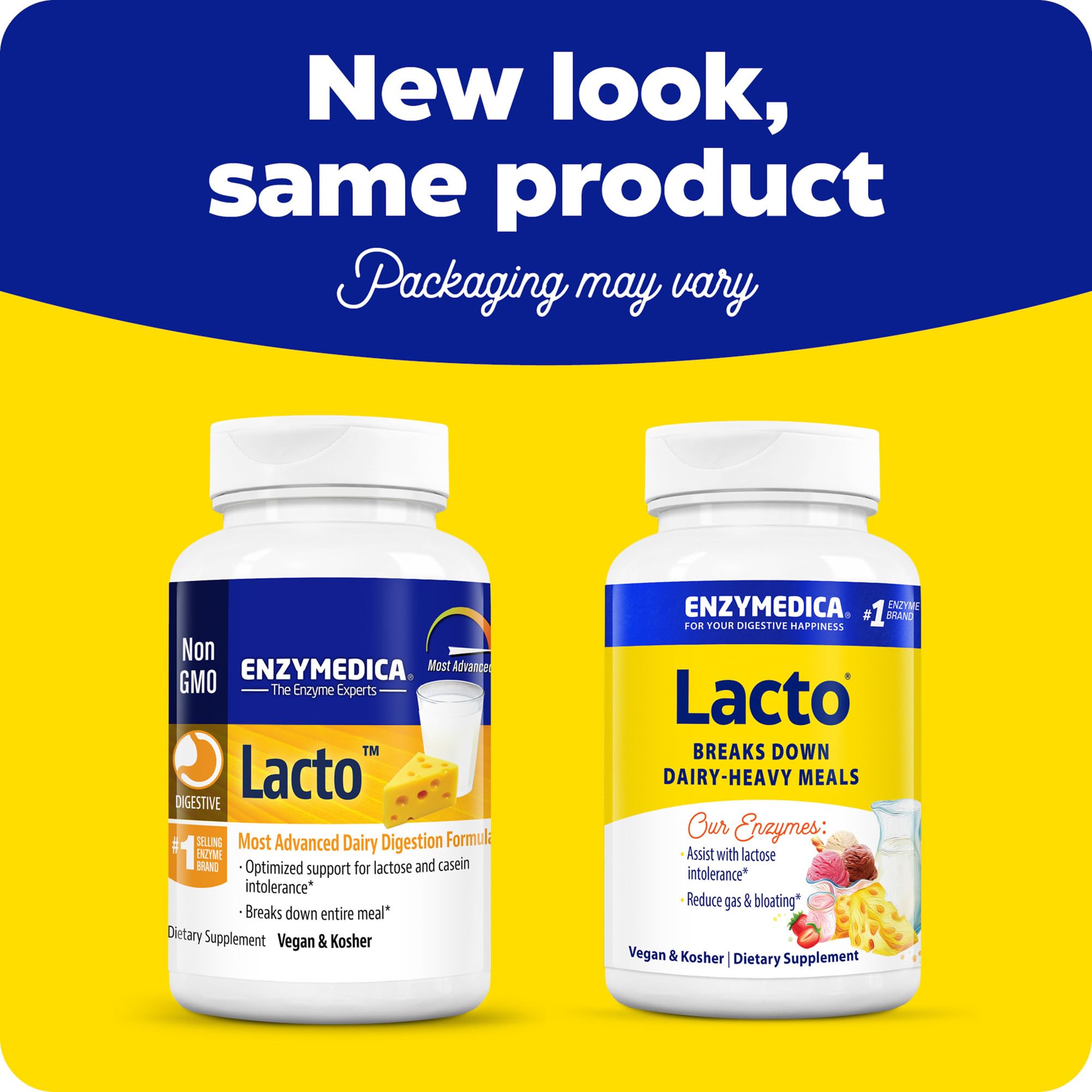 Two Enzymedica Lacto supplement bottles on yellow background New look same product dairy intolerance digestive enzymes