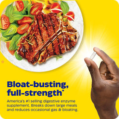 Enzymedica digestive enzyme supplements for bloating with hand holding a capsule and steak image
